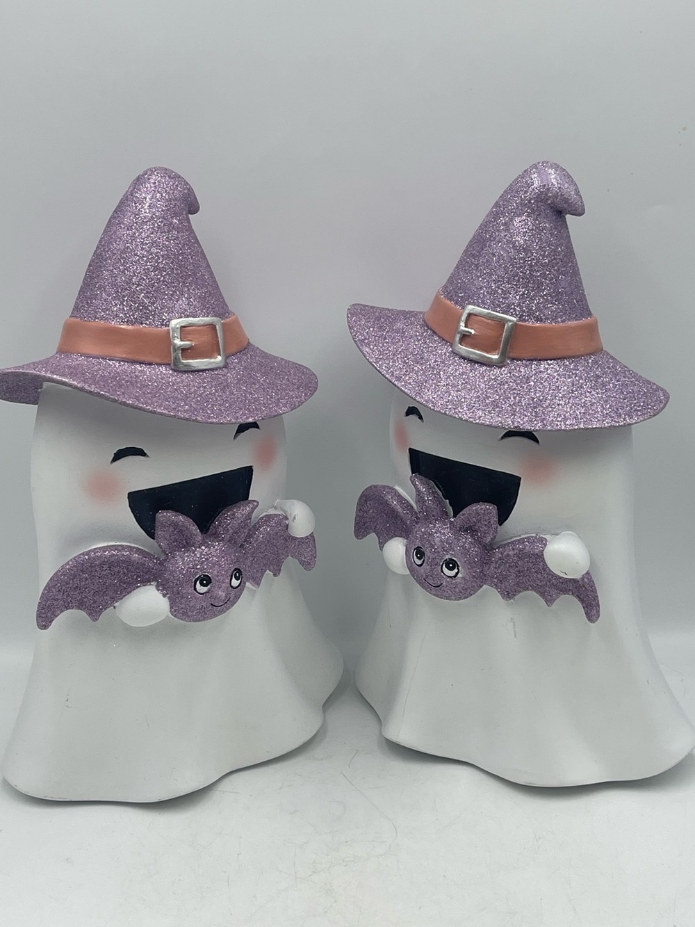 Goblin & Ghoul 12” Halloween Ghost Figurine with Purple Glitter Witch Hat & Bat
